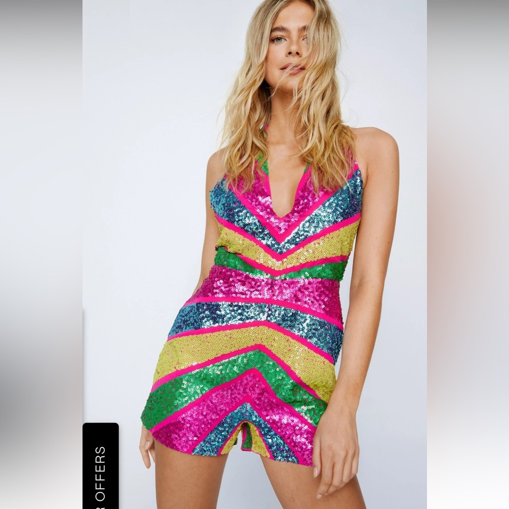 Nasty Gal Sequin Color Block Halterneck Romper - New with tags